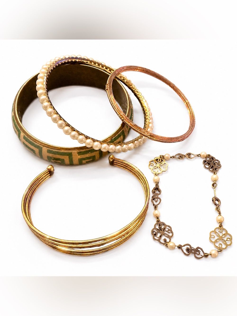 Vintage Bracelet Stack Mixed Metal Pearl Enamel Boho Bangle Cuff Bundle